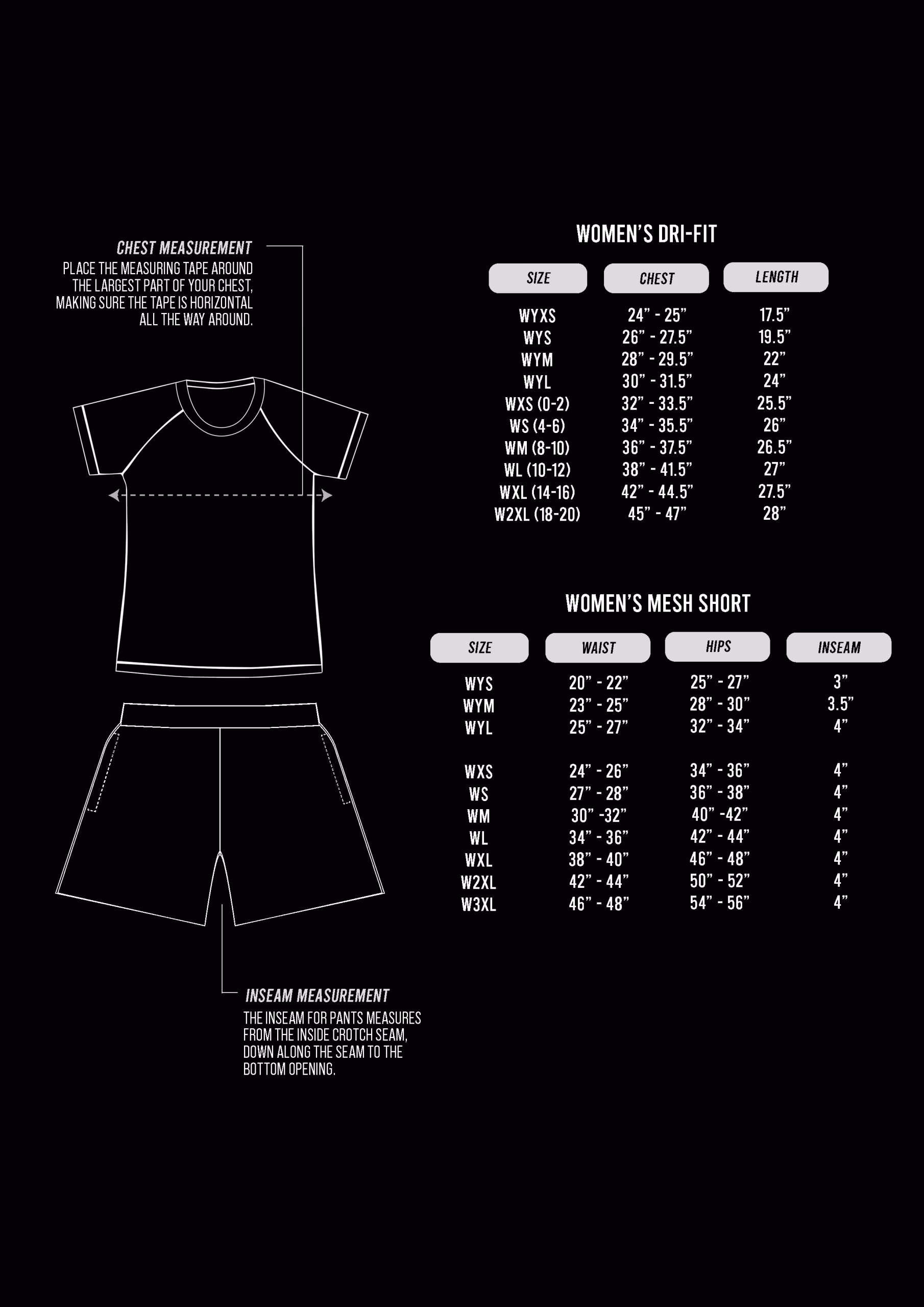 MyHOUSE 2026 DRI-FIT WOMENS charts