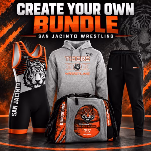 San Jacinto Wrestling Create Your Own Bundle collage featuring singlet, hoodie, joggers, and gear bag