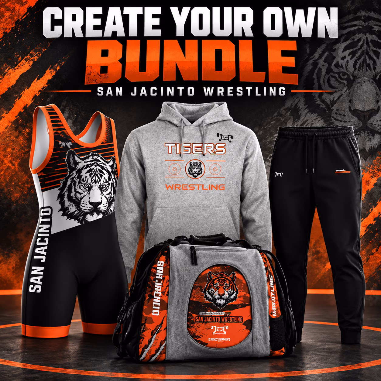 San Jacinto Wrestling Create Your Own Bundle collage featuring singlet, hoodie, joggers, and gear bag