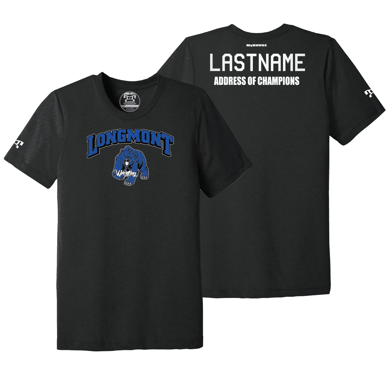 Longmont Wrestling Custom BLACK Address Of Champions Heat Press T Shirt