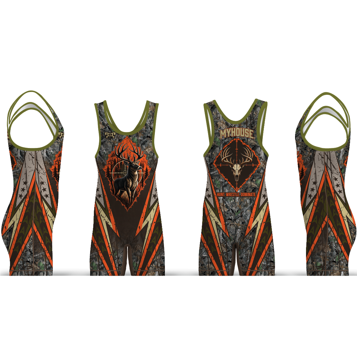Born to Hunt, Built to Wrestle men&rsquo;s wrestling singlet shown from multiple angles