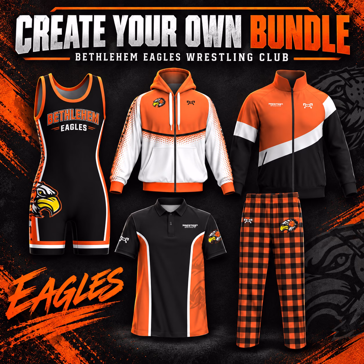 Bethlehem Eagles Wrestling Club Create Your Own Bundle collage featuring singlet, hoodie, jacket, polo, and pants