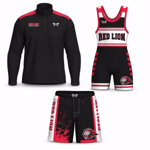 Red Lion Christian Academy men’s bundle with quarter-zip jacket, 9-inch fight shorts, and black, red and white singlet