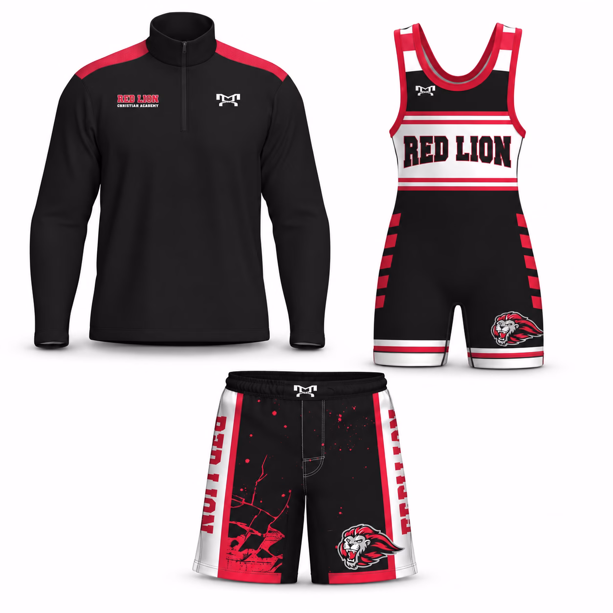 Red Lion Christian Academy men’s bundle with quarter-zip jacket, 9-inch fight shorts, and black, red and white singlet