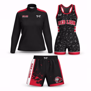 Red Lion Christian Academy women’s bundle with quarter-zip jacket, 6-inch fight shorts, and black and red singlet