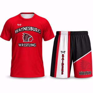 Waynesburg Central Wrestling red Dri-Fit short sleeve shirt and sublimated mesh shorts bundle
