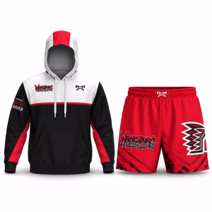 Waynesburg Central Wrestling black sublimated hoodie and red fight shorts bundle