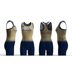 Knoch 2026 women’s wrestling singlet in gold and navy, shown from four angles
