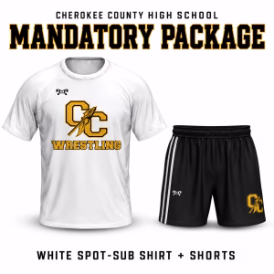 Cherokee County High School mandatory wrestling package with white spot sublimated shirt and black shorts