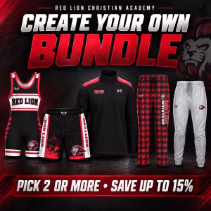 Red Lion Christian Academy Create Your Own Bundle collage with team singlet, shorts, quarter zip, and pants
