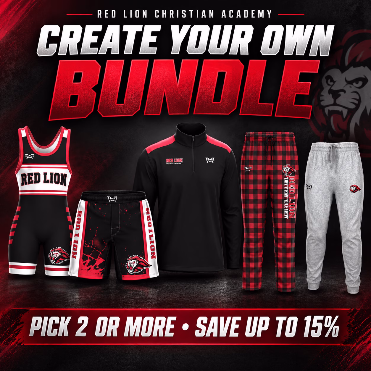 Red Lion Christian Academy Create Your Own Bundle collage with team singlet, shorts, quarter zip, and pants