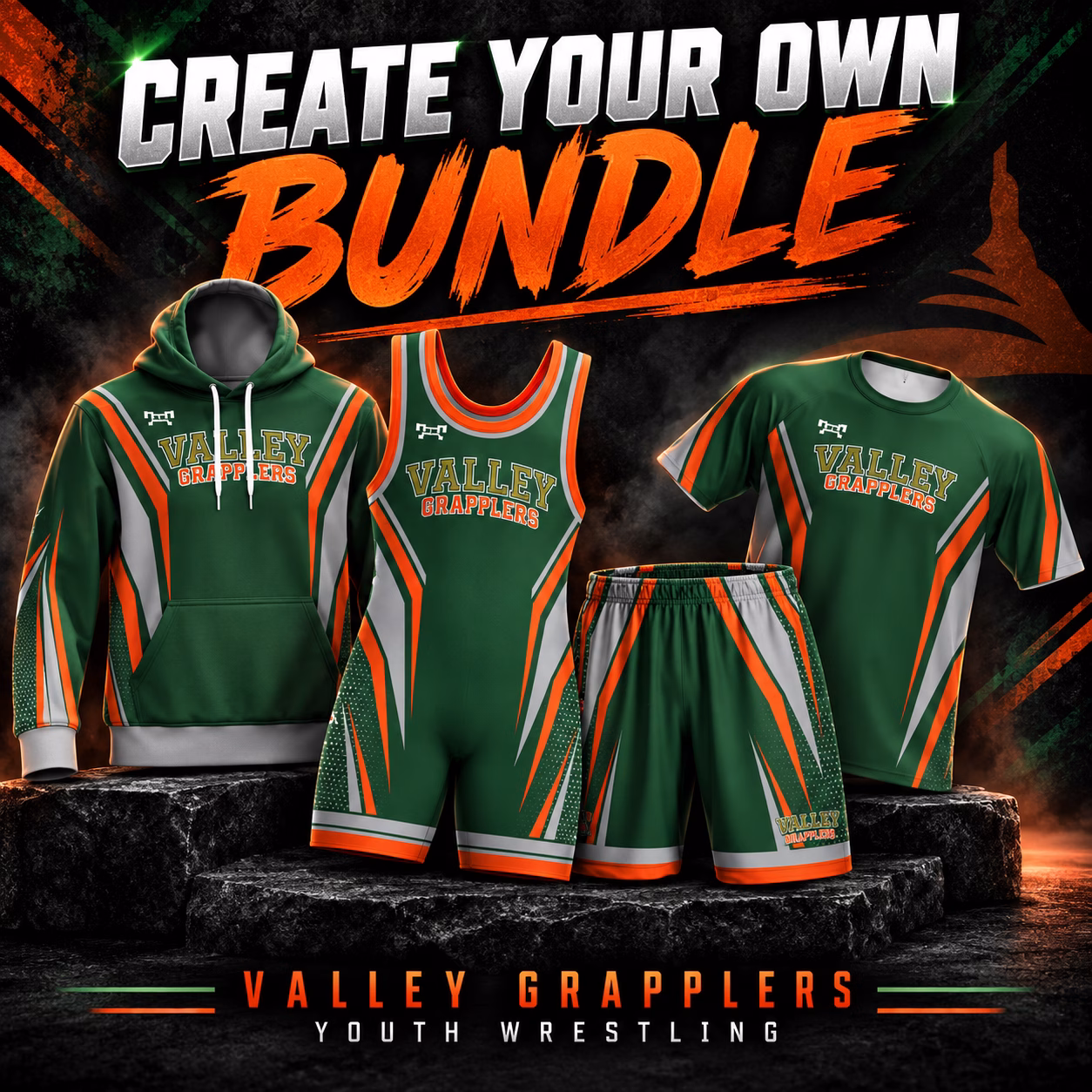 CREATE YOUR OWN BUNDLE collage featuring Valley Grapplers Youth Wrestling hoodie, singlet, mesh shorts, and performance shirt