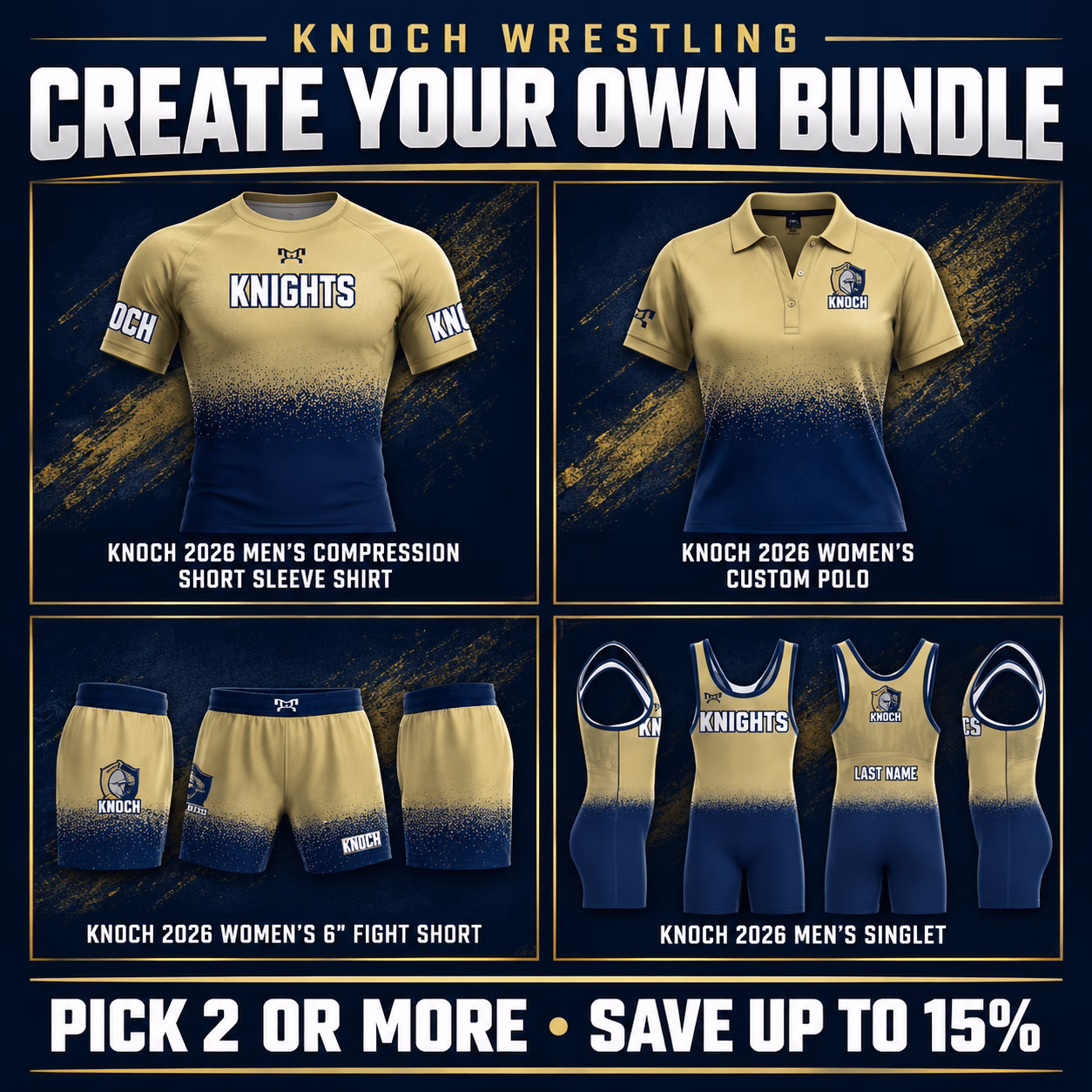 Knoch Wrestling Create Your Own Bundle collage featuring Knoch shirts, polo, shorts, and singlet
