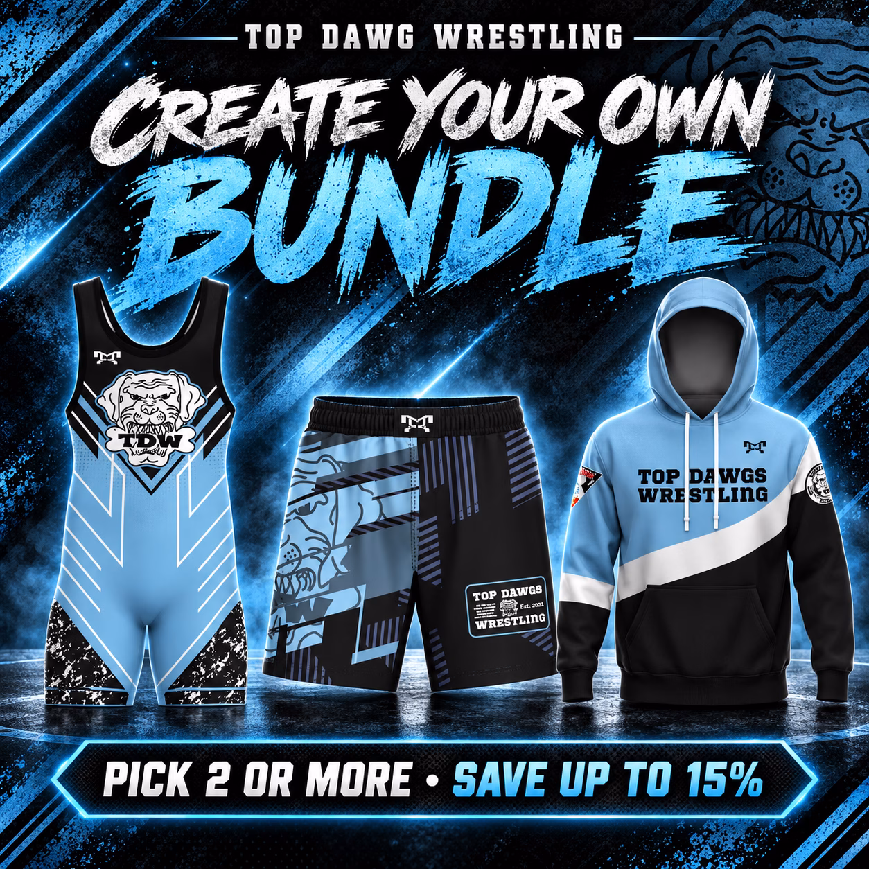 Top Dawg Wrestling Create Your Own Bundle collage featuring team singlet, fight shorts, and sublimated hoodie