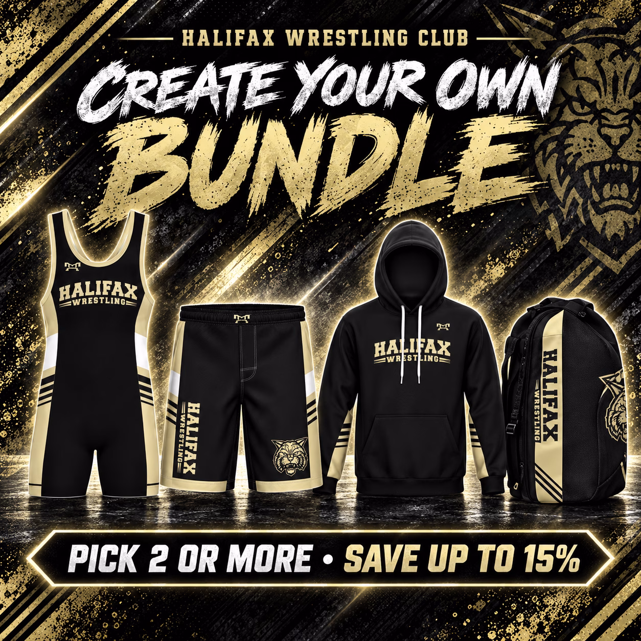 Halifax Wrestling Club Create Your Own Bundle collage with singlet, shorts, hoodie, and gear bag