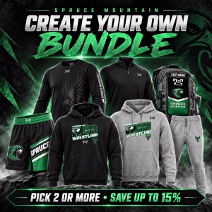 Spruce Mountain Create Your Own Bundle collage with team shorts, tops, backpack, hoodie, and joggers