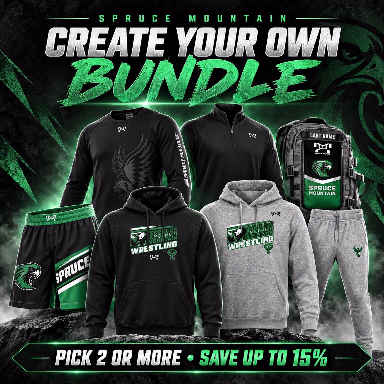 Spruce Mountain Create Your Own Bundle collage with team shorts, tops, backpack, hoodie, and joggers