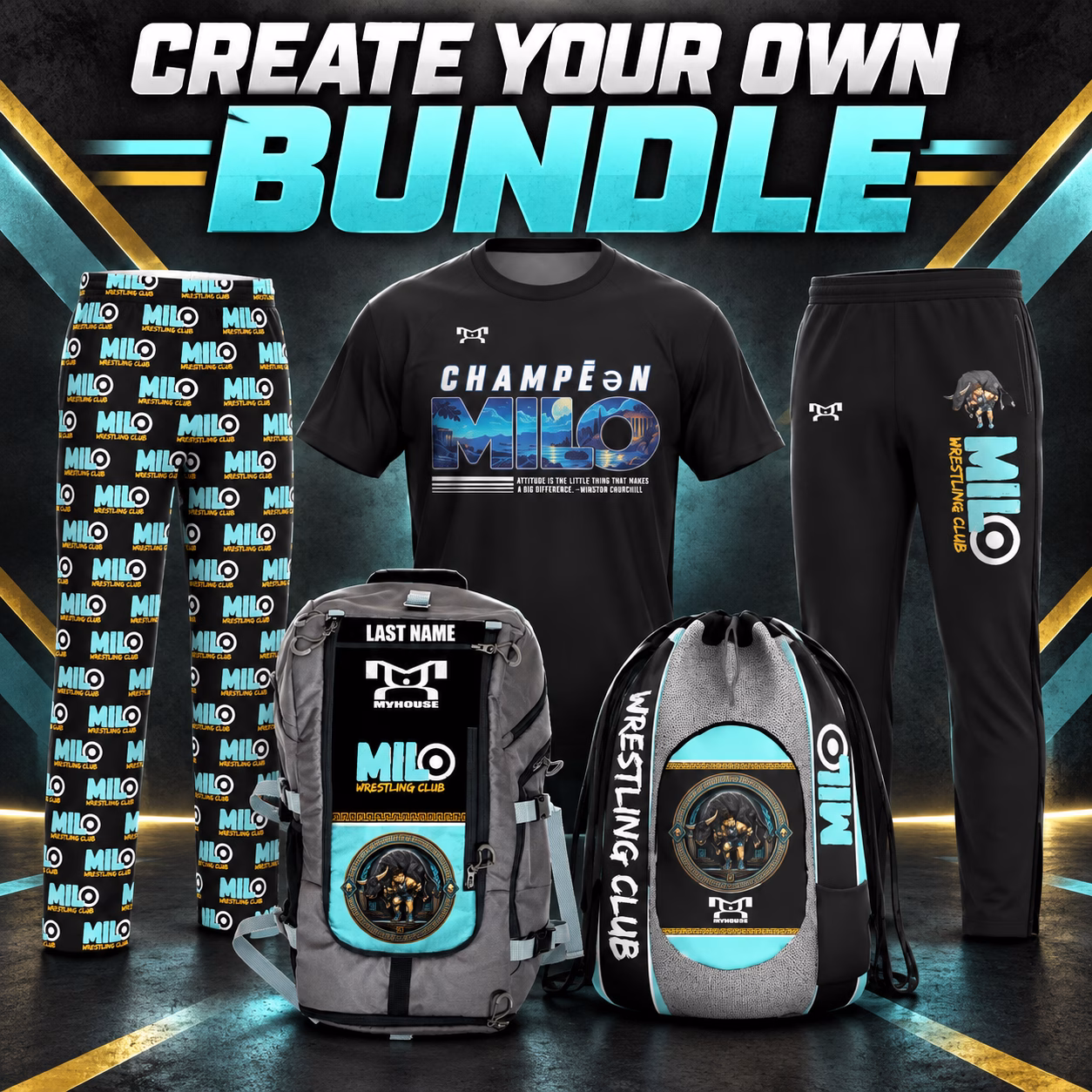 Create Your Own Bundle collage of Milo Wrestling Club merchandise