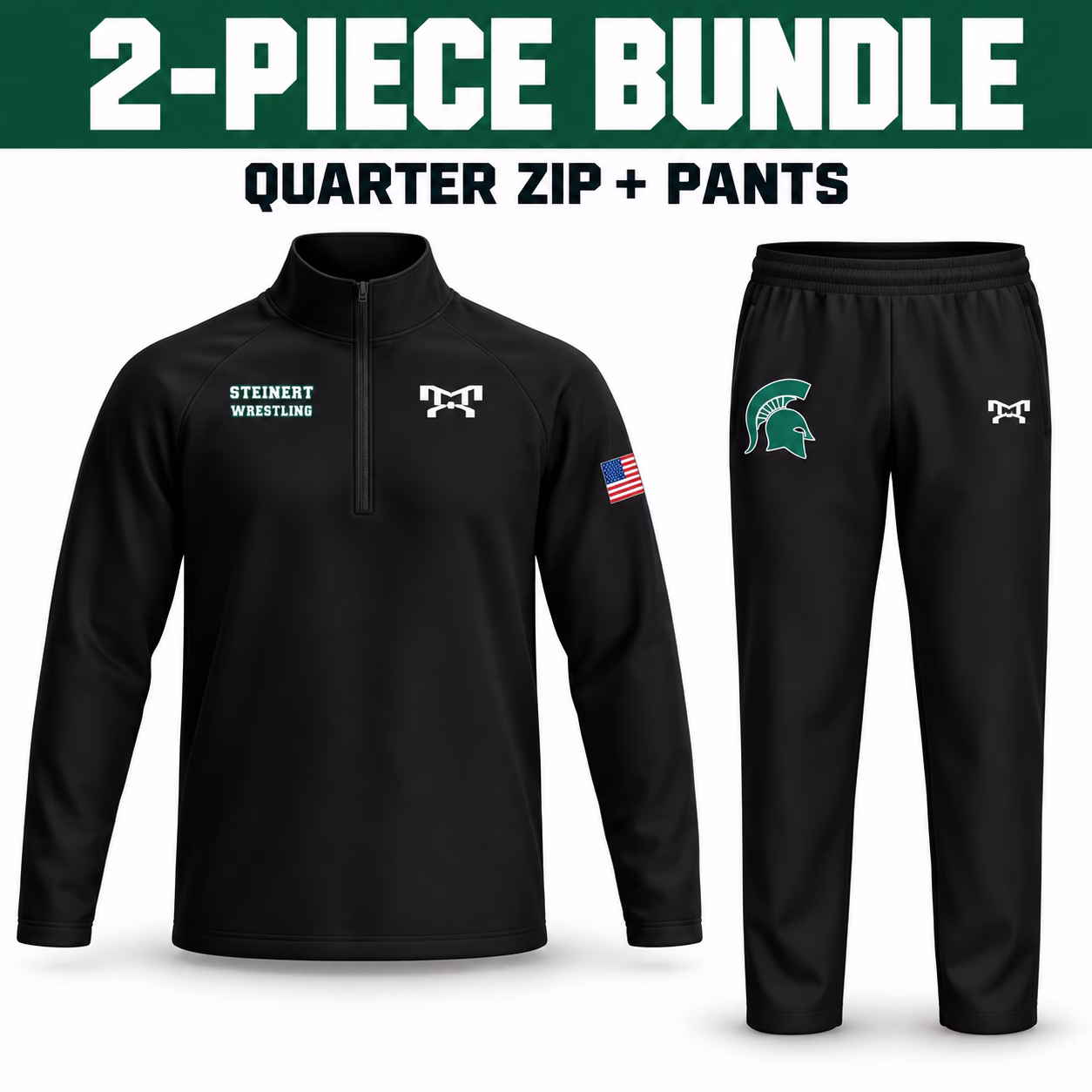 Steinert High School two-piece warmup bundle with black quarter zip and matching tapered pants