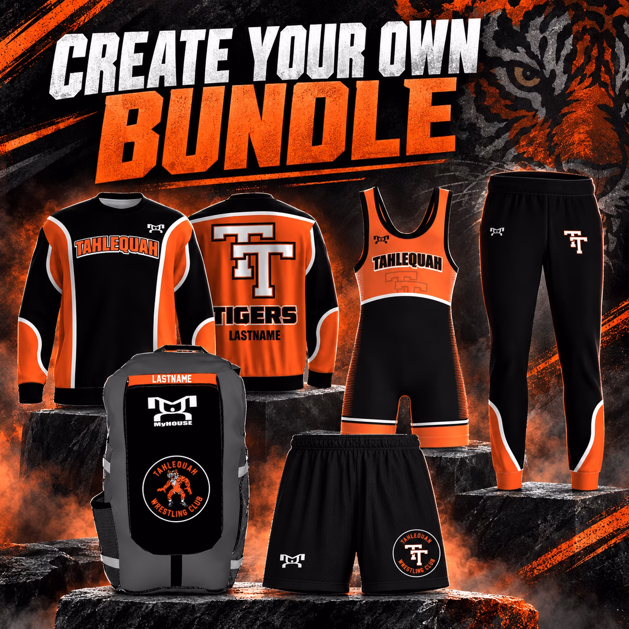 Tahlequah Wrestling Club Create Your Own Bundle collage with crewneck, singlet, joggers, gear bag, and shorts