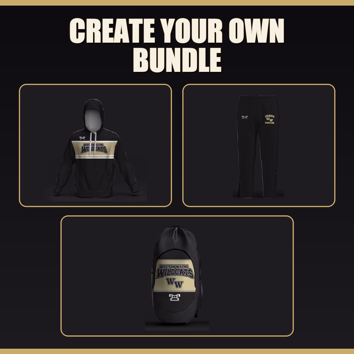 Western Wayne High School Create Your Own Bundle collage featuring the team hoodie, athletic pants, and gear bag